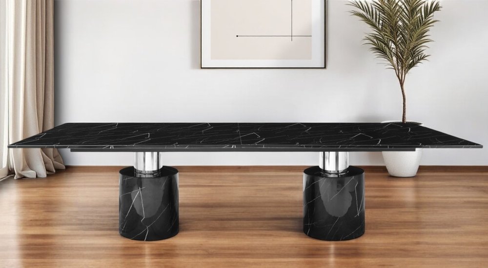 Black Marble Double Pedestal Base Dining Table - 180-inch
