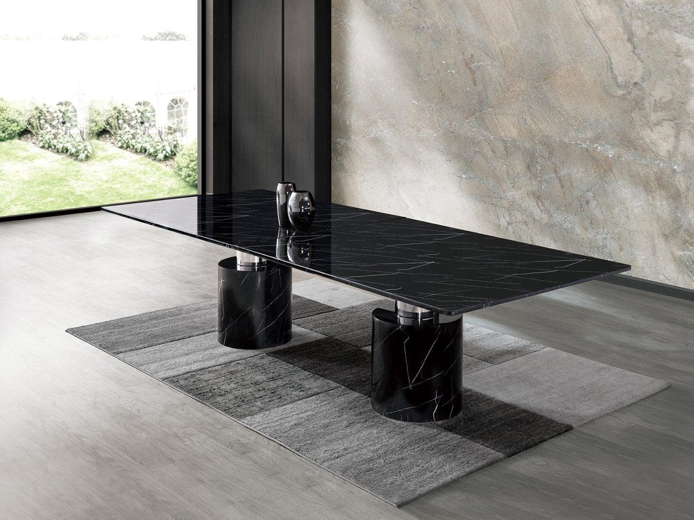 Black Marble Double Pedestal Base Dining Table - 180-inch
