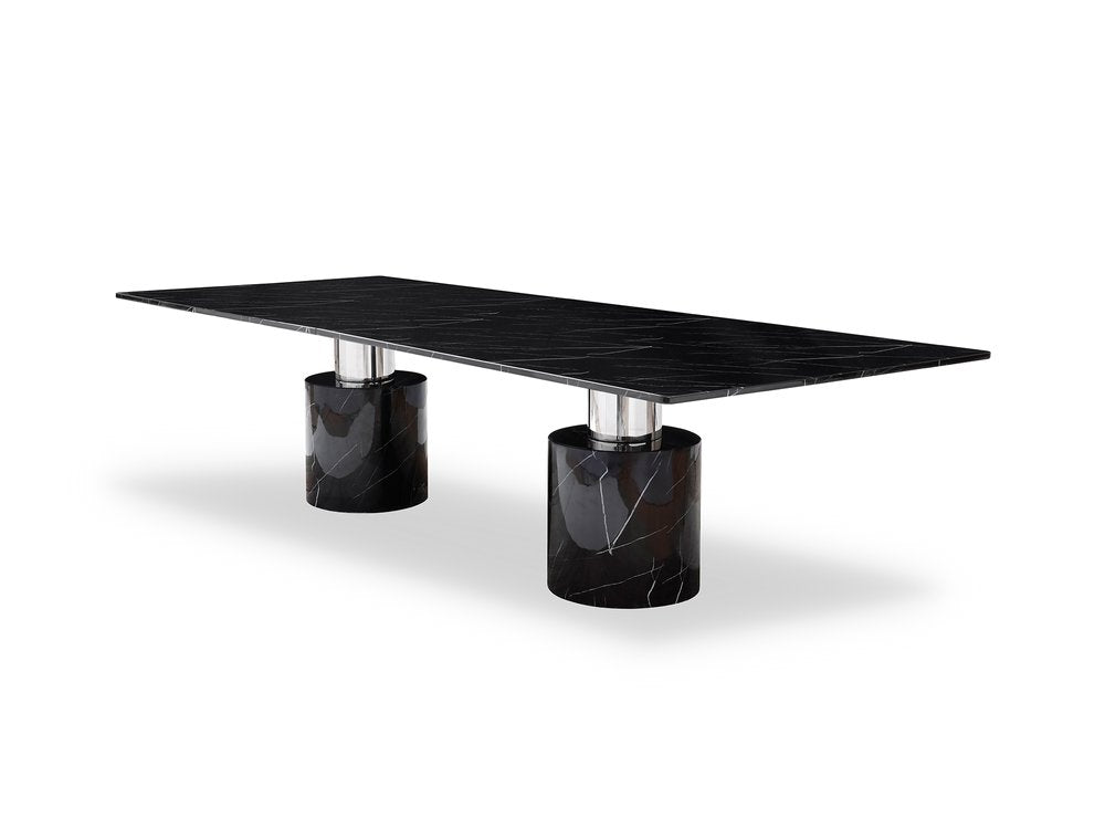 Black Marble Double Pedestal Base Dining Table - 180-inch