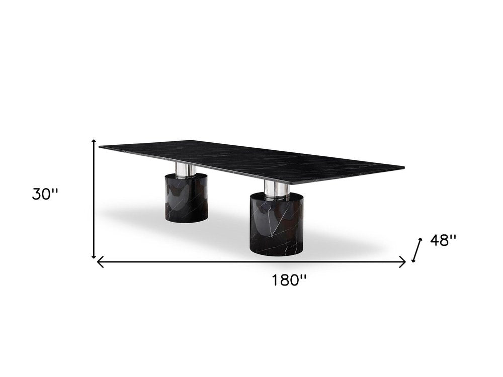 Black Marble Double Pedestal Base Dining Table - 180-inch