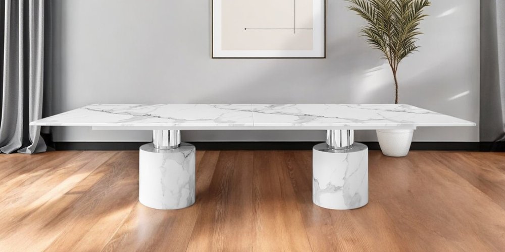 White Marble Double Pedestal Base Dining Table - 180-inch