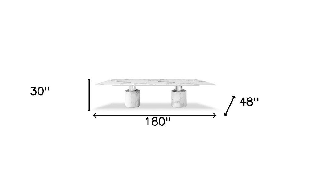 White Marble Double Pedestal Base Dining Table - 180-inch