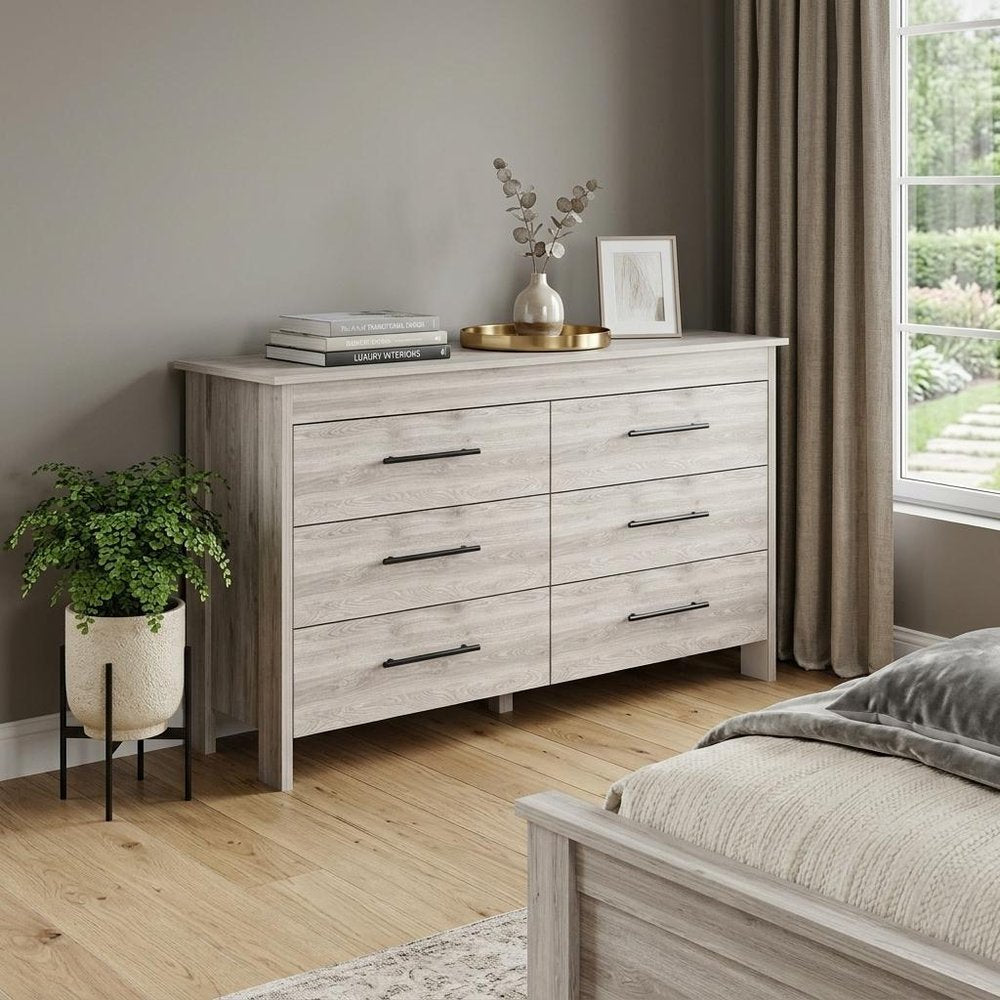 Light Gray Wood Six Drawer Double Dresser - 32-inch
