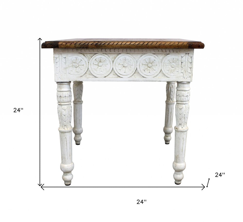 Ivory and Brown Distressed Solid Wood Square End Table - 24-inch