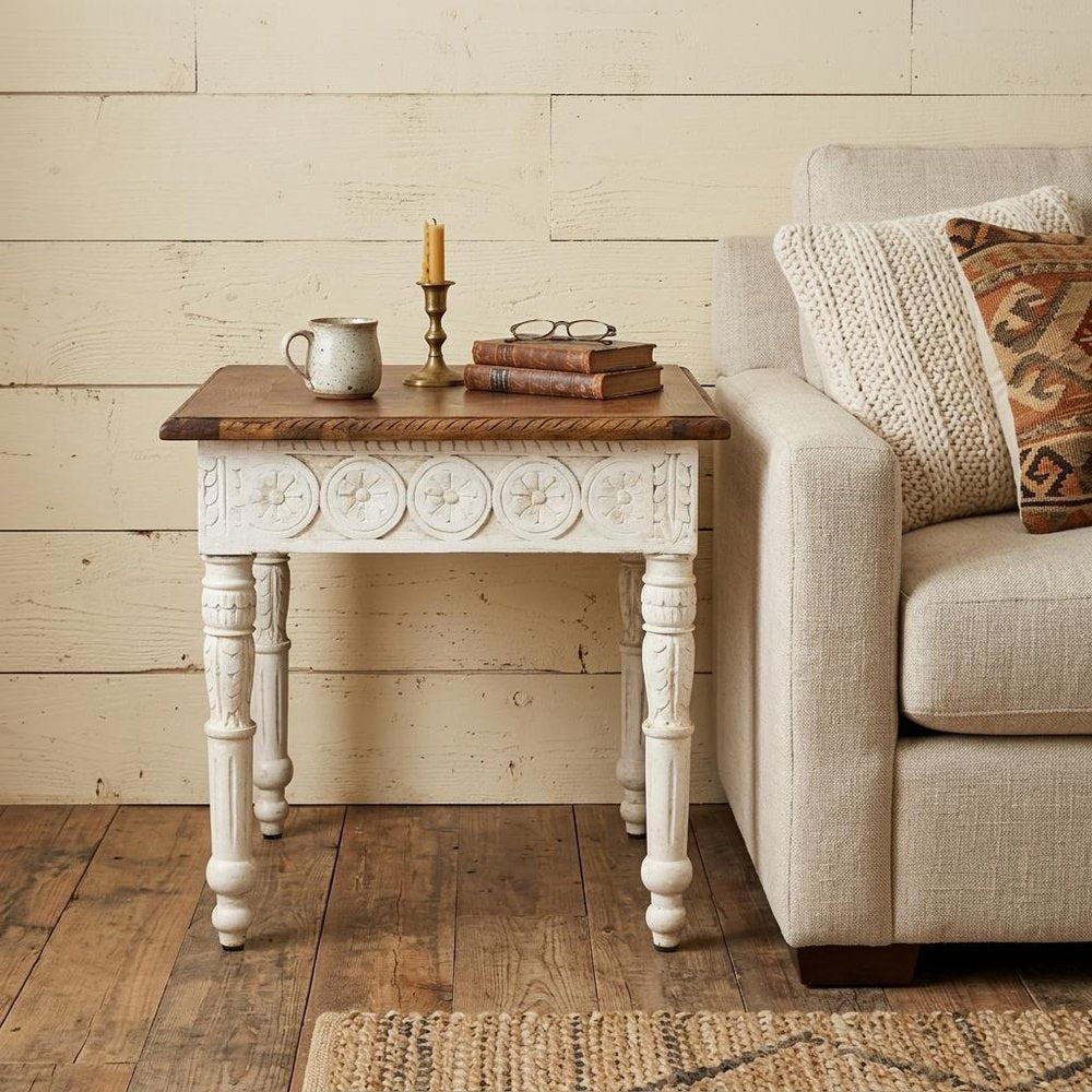 Ivory and Brown Distressed Solid Wood Square End Table - 24-inch
