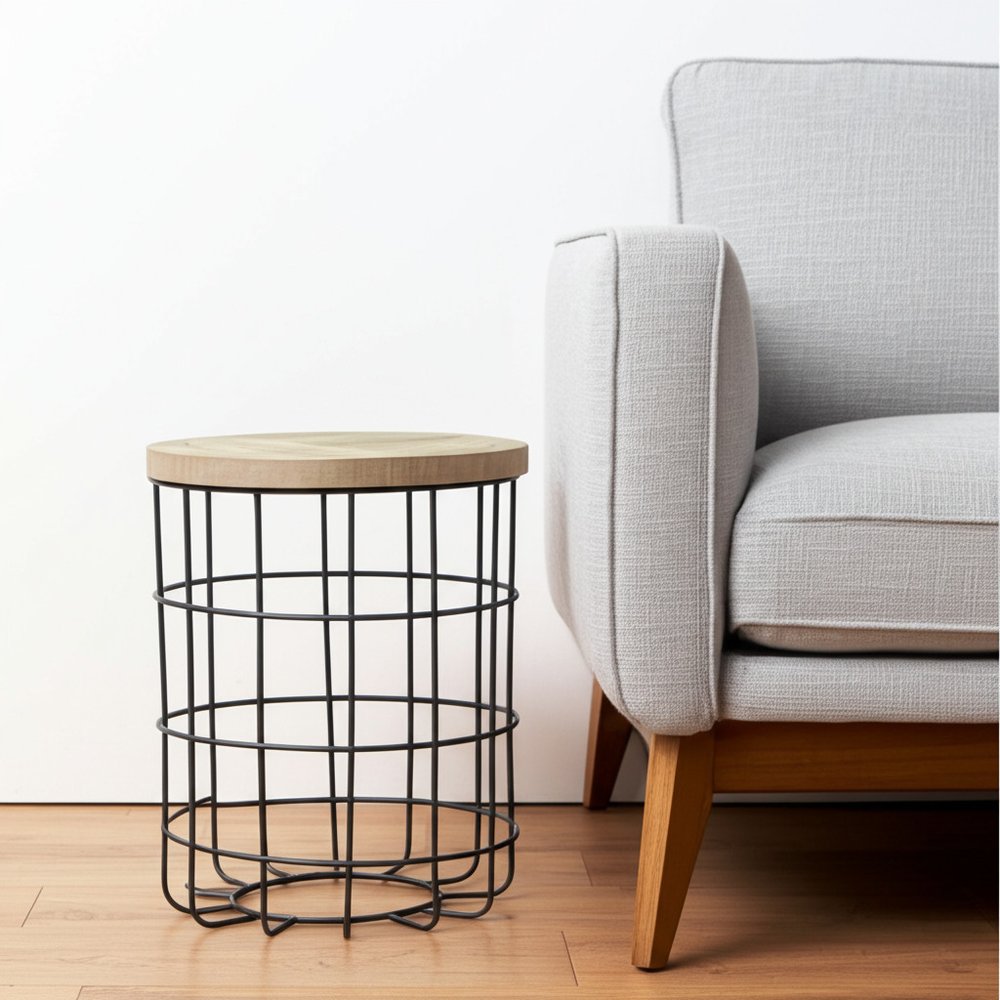 Natural and Black Solid Wood and Iron Round Frame End Table - 24-inch
