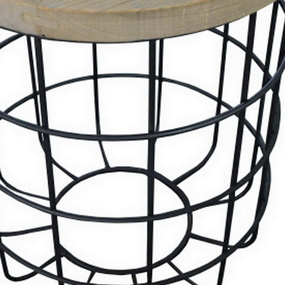 Natural and Black Solid Wood and Iron Round Frame End Table - 24-inch