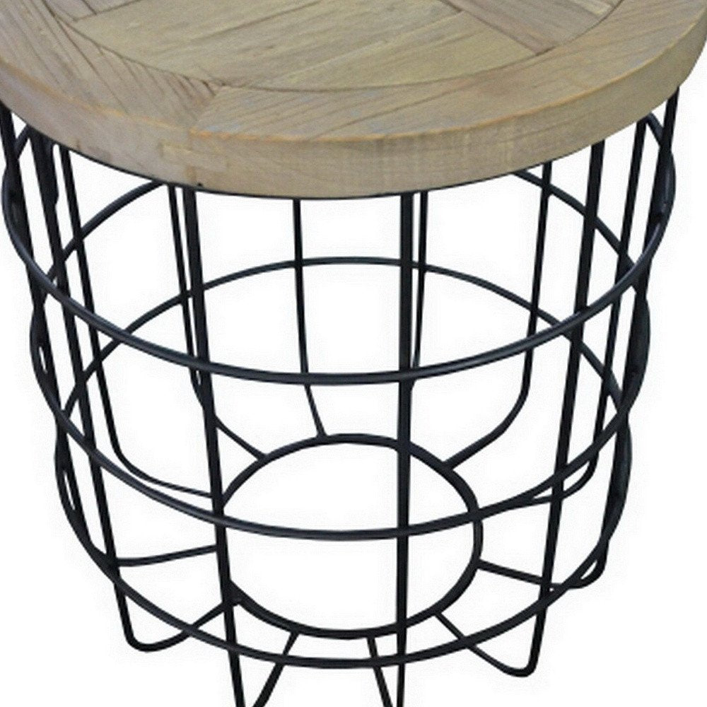Natural and Black Solid Wood and Iron Round Frame End Table - 24-inch