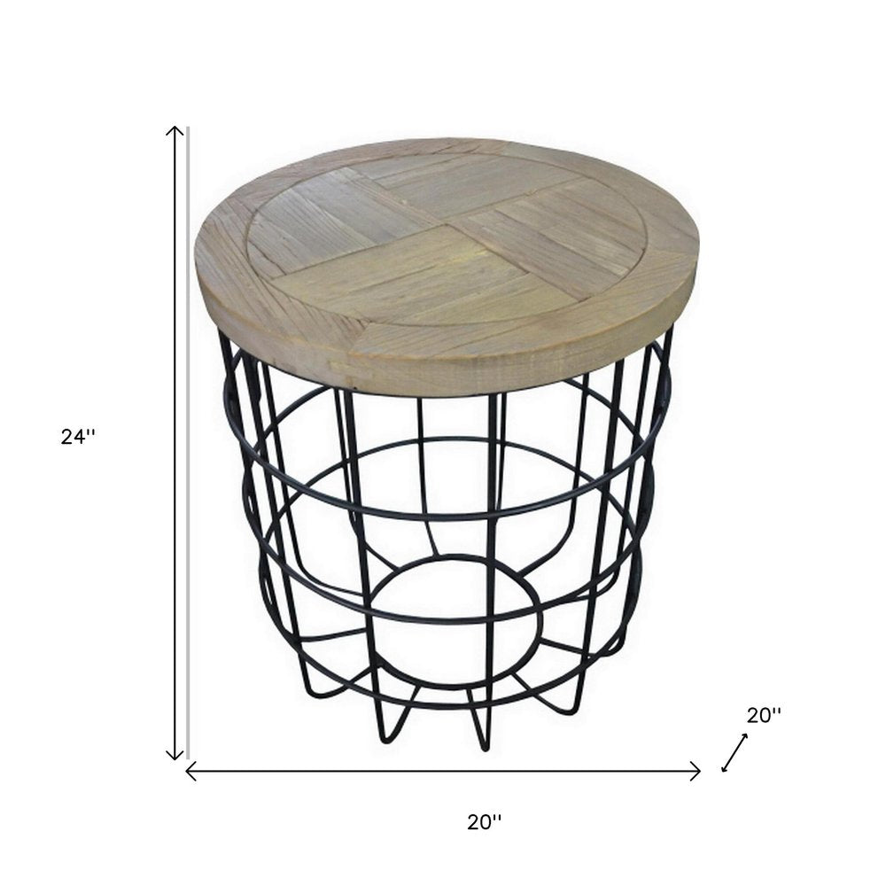 Natural and Black Solid Wood and Iron Round Frame End Table - 24-inch