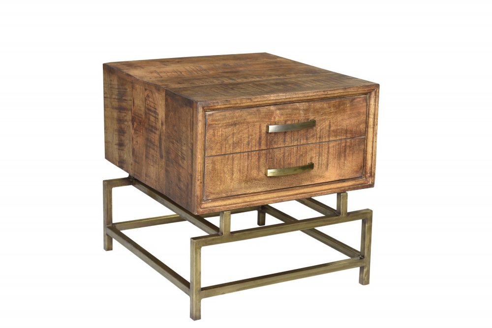 Brass and Brown Solid Wood and Iron Square End Table with Drawer