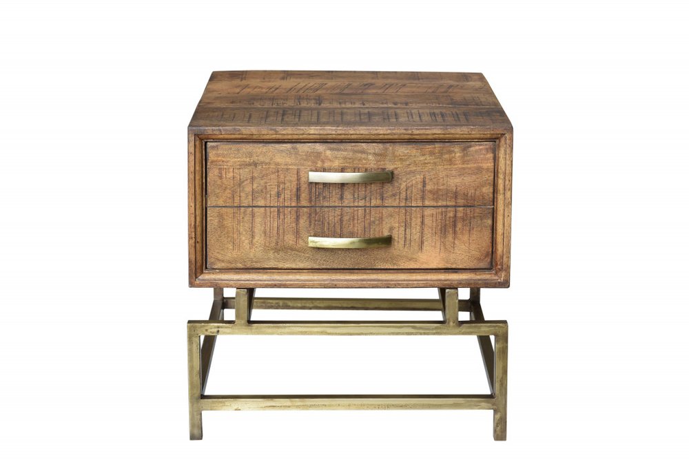 Brass and Brown Solid Wood and Iron Square End Table with Drawer