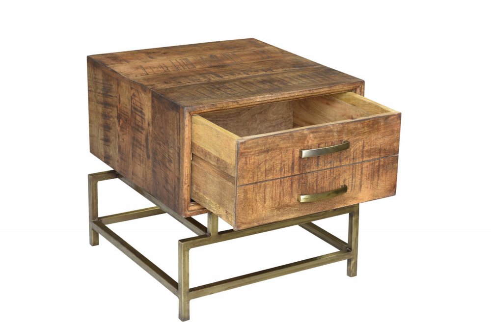 Brass and Brown Solid Wood and Iron Square End Table with Drawer