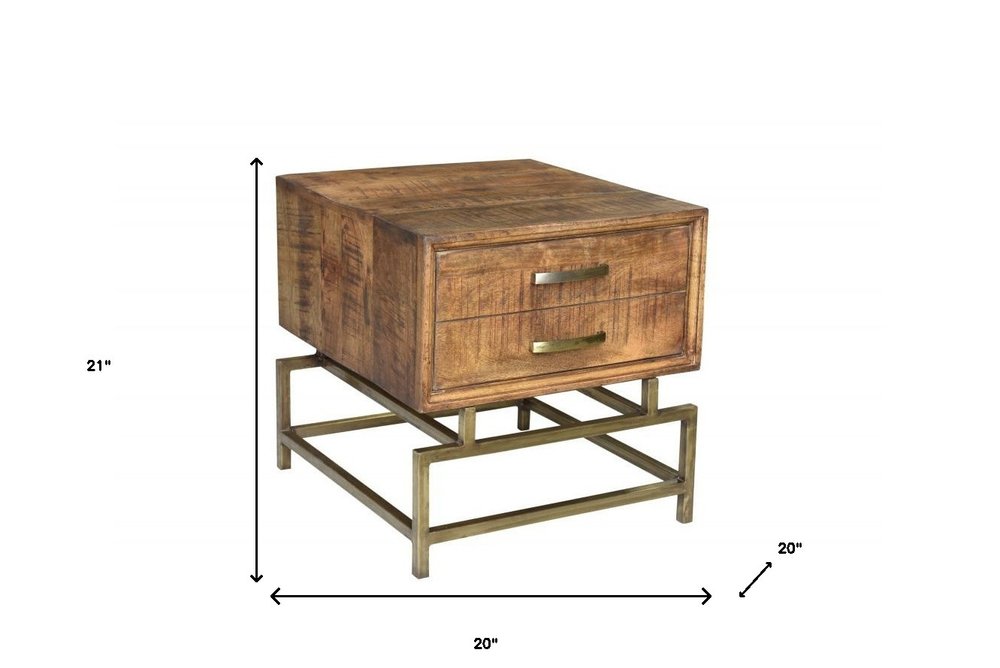 Brass and Brown Solid Wood and Iron Square End Table with Drawer