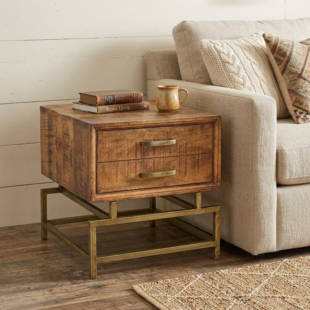 Brass and Brown Solid Wood and Iron Square End Table with Drawer