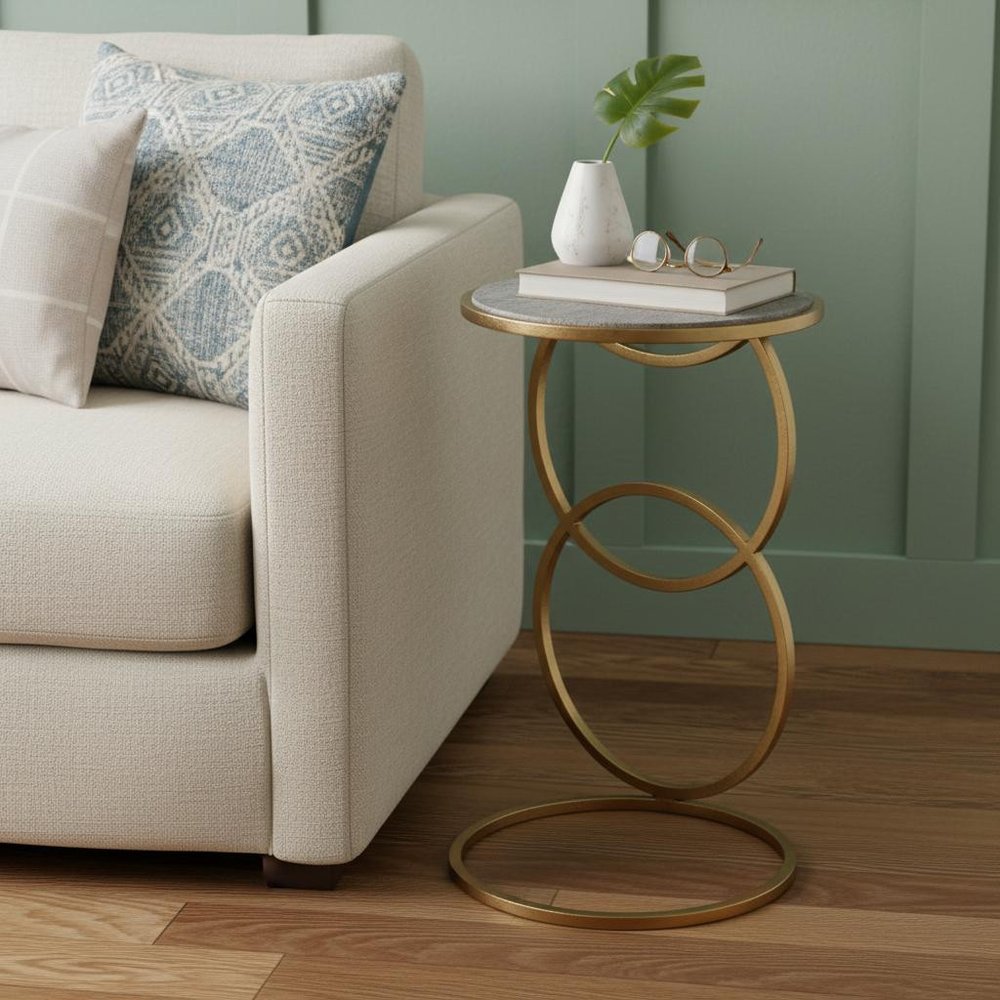 Gold and Gray Marble and Iron Round End Table - 21-inch