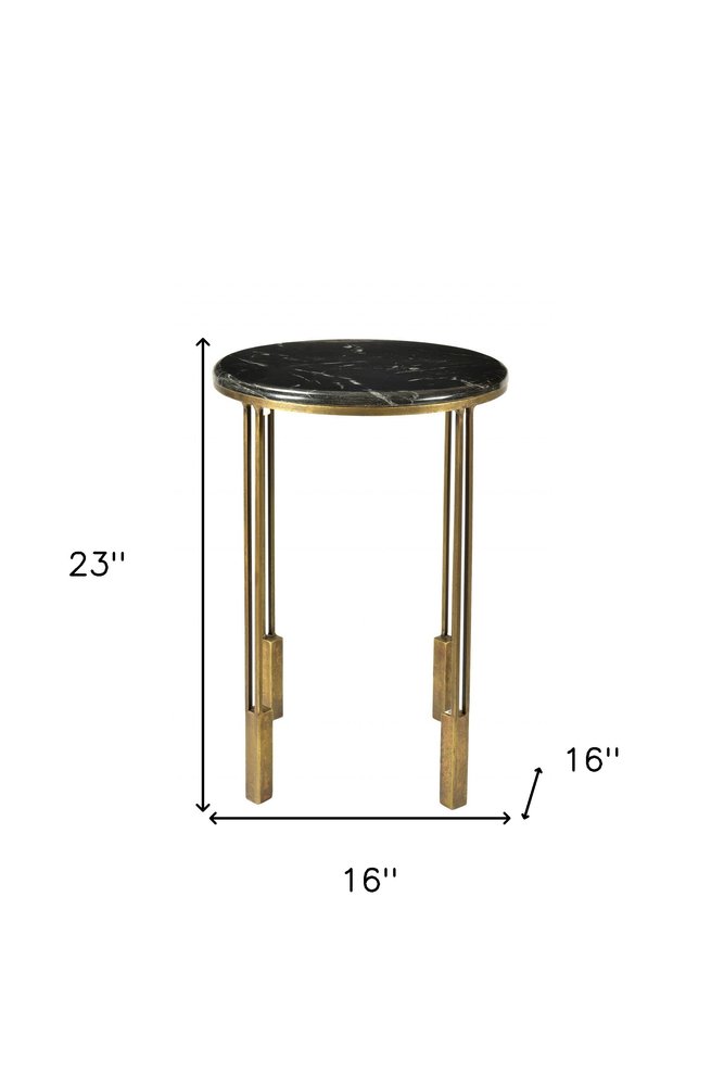 Gold and Black Marble and Iron Round End Table - 23-inch