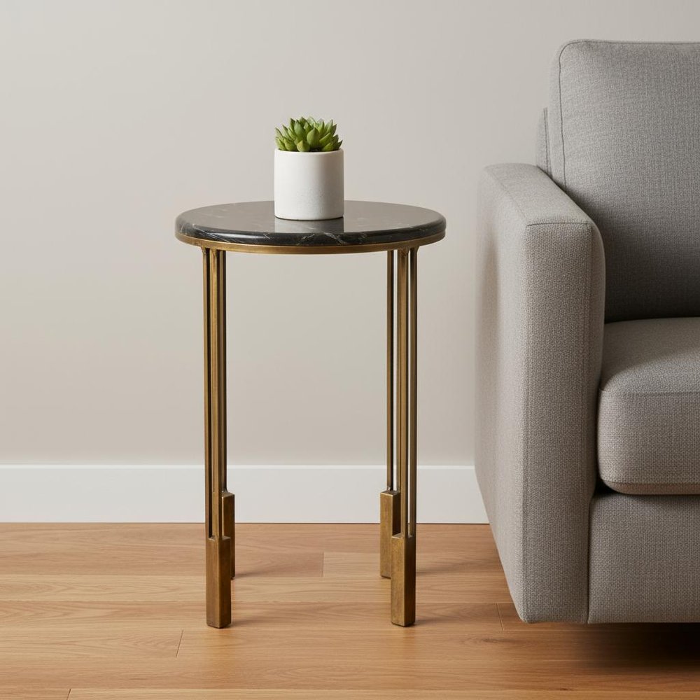 Gold and Black Marble and Iron Round End Table - 23-inch