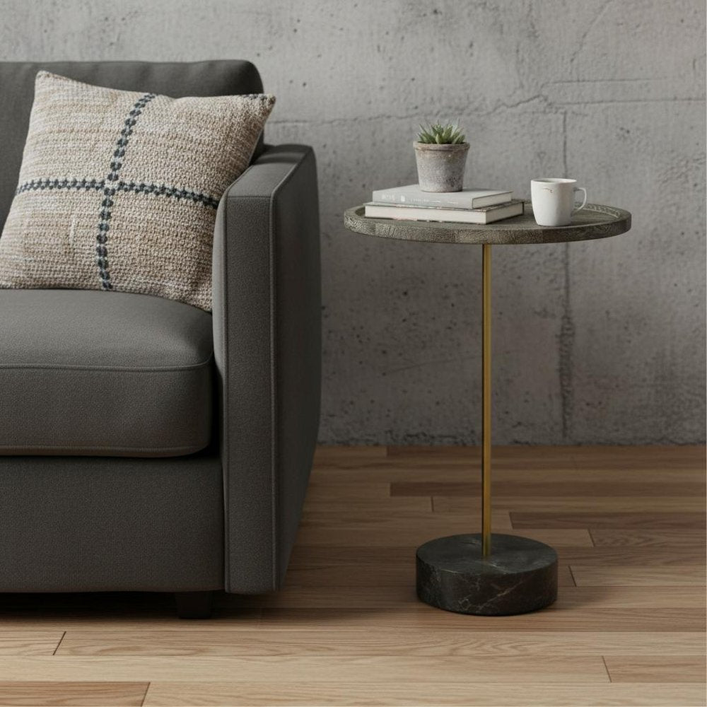Black and Brown Solid Wood and Marble Round End Table - 30-inch