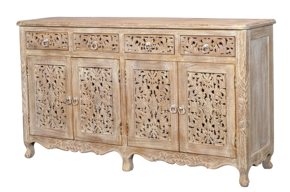 Light Brown Solid Wood Four Drawer Buffet Table with Four Doors - 66-inch