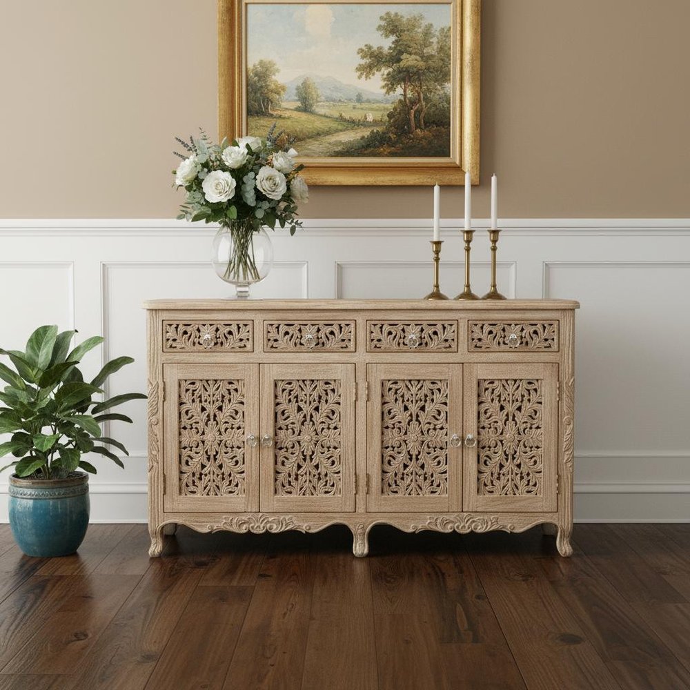 Light Brown Solid Wood Four Drawer Buffet Table with Four Doors - 66-inch