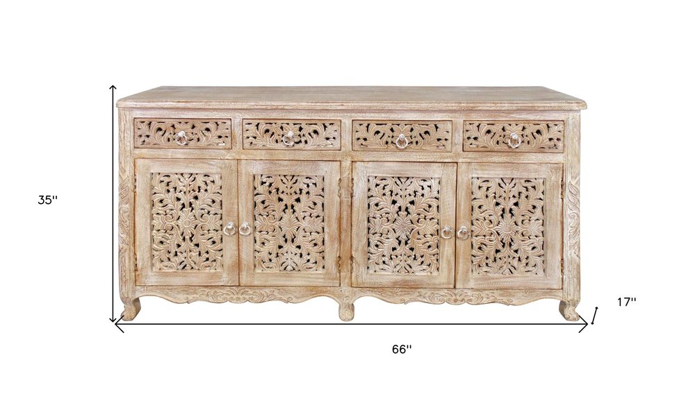 Light Brown Solid Wood Four Drawer Buffet Table with Four Doors - 66-inch