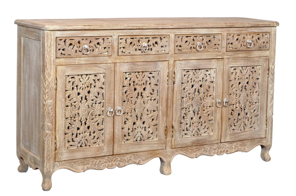 Light Brown Solid Wood Four Drawer Buffet Table with Four Doors - 66-inch