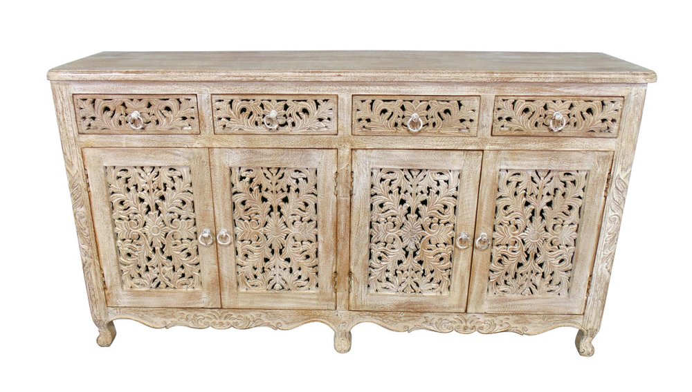 Light Brown Solid Wood Four Drawer Buffet Table with Four Doors - 66-inch
