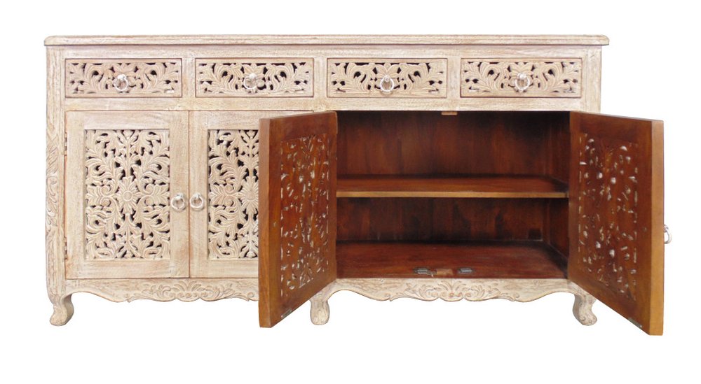 Light Brown Solid Wood Four Drawer Buffet Table with Four Doors - 66-inch