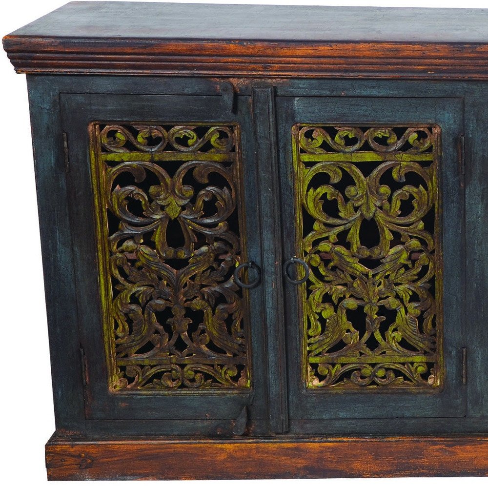 Brown Gray and Green Solid Wood Buffet Table with Two Doors - 91-inch