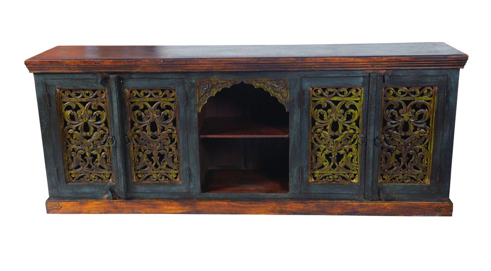 Brown Gray and Green Solid Wood Buffet Table with Two Doors - 91-inch