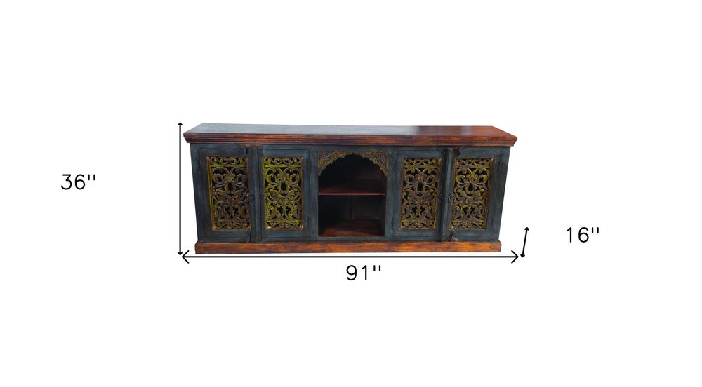 Brown Gray and Green Solid Wood Buffet Table with Two Doors - 91-inch