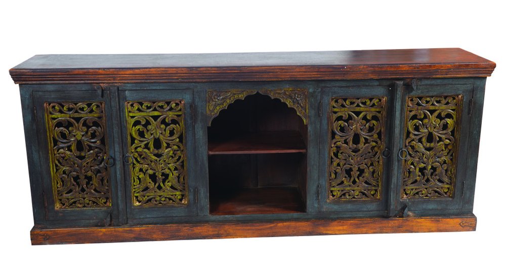 Brown Gray and Green Solid Wood Buffet Table with Two Doors - 91-inch