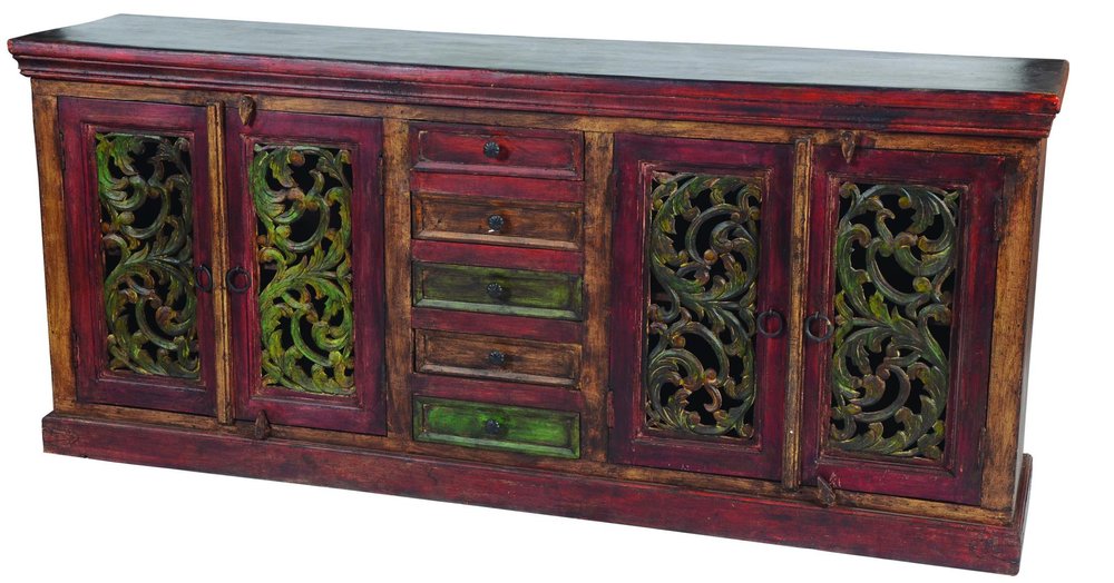 Brown Gray and Green Solid Wood Five Drawer Buffet Table with Four Doors