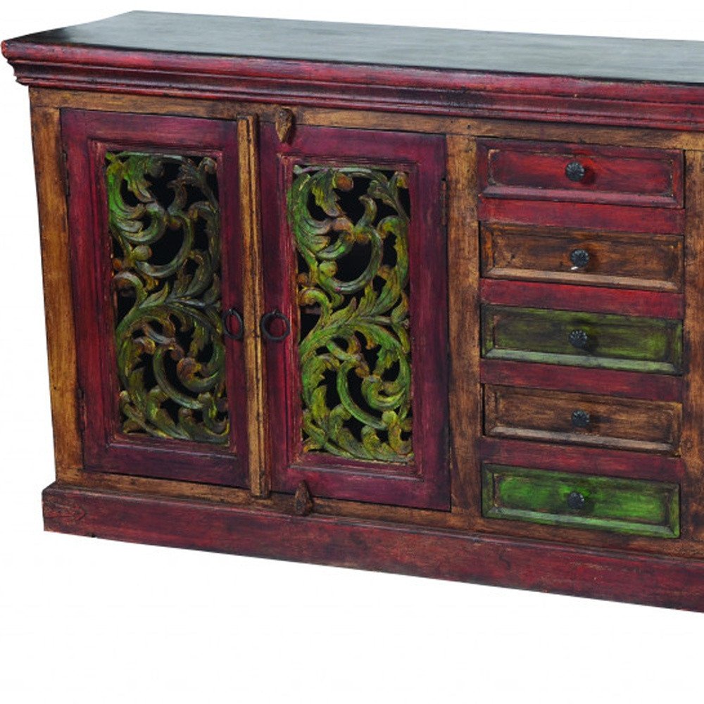 Brown Gray and Green Solid Wood Five Drawer Buffet Table with Four Doors