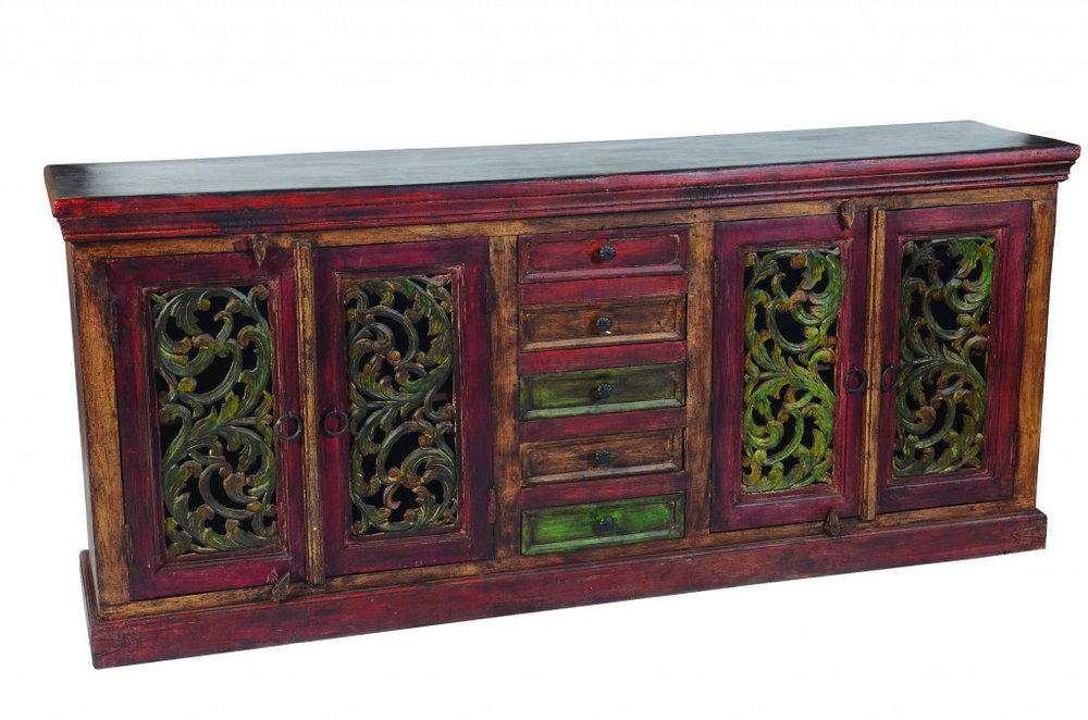 Brown Gray and Green Solid Wood Five Drawer Buffet Table with Four Doors