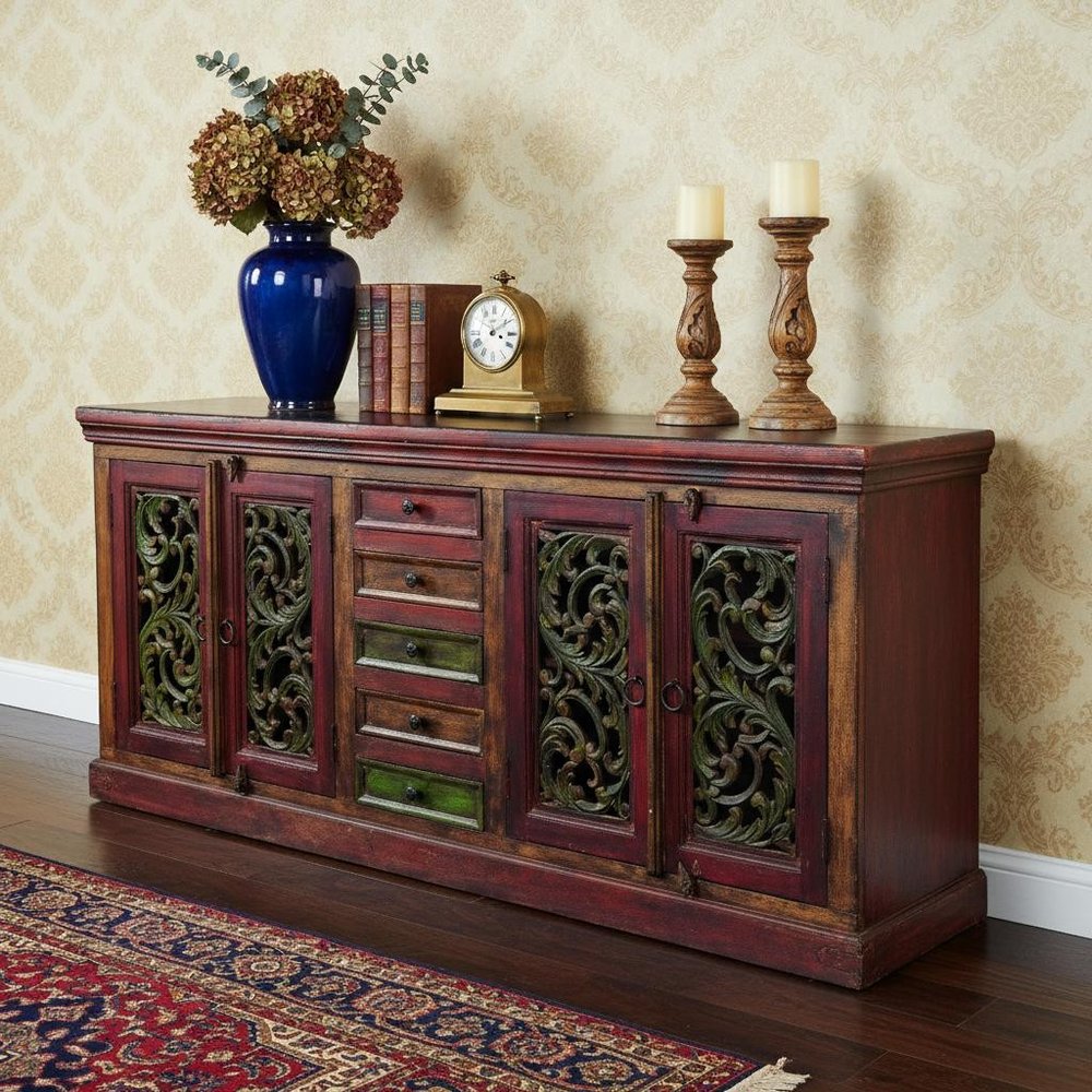 Brown Gray and Green Solid Wood Five Drawer Buffet Table with Four Doors