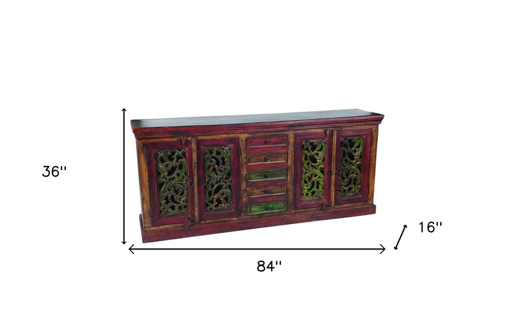 Brown Gray and Green Solid Wood Five Drawer Buffet Table with Four Doors