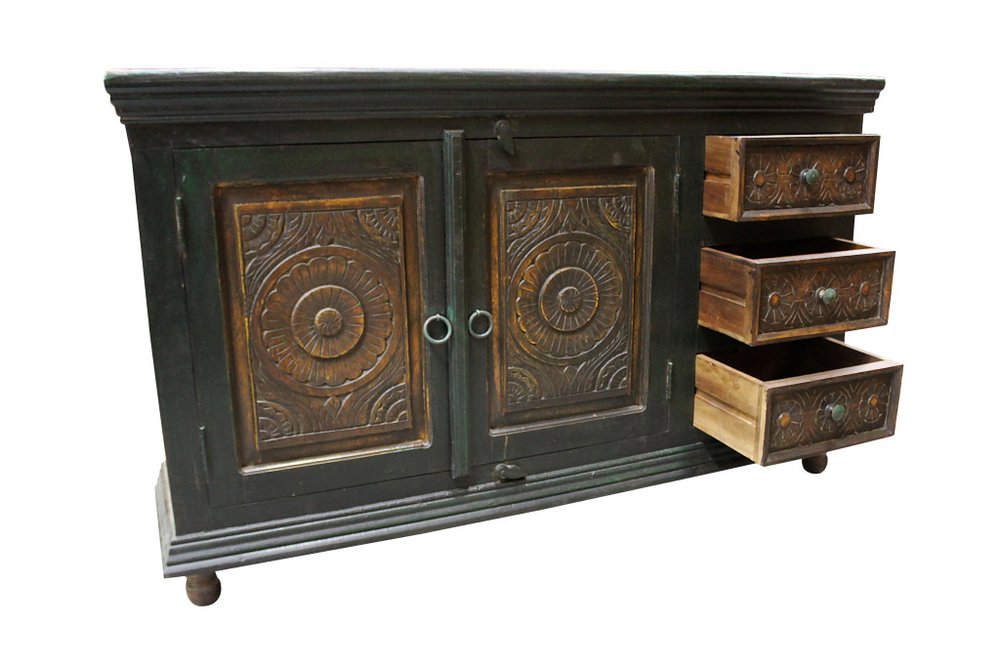 Dark Brown and Green Solid Wood Three Drawer Buffet Table with Two Doors