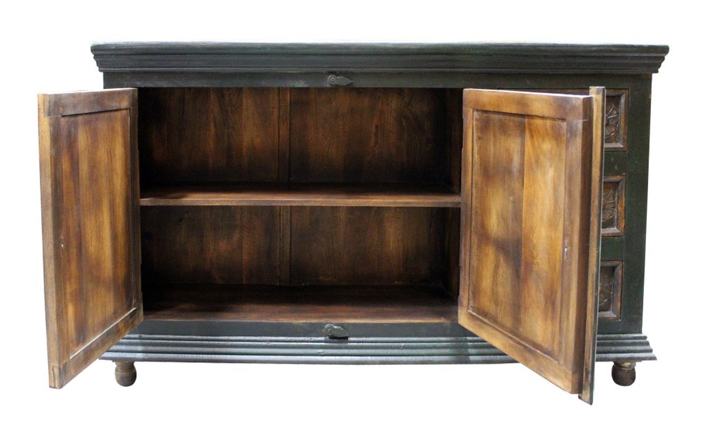 Dark Brown and Green Solid Wood Three Drawer Buffet Table with Two Doors