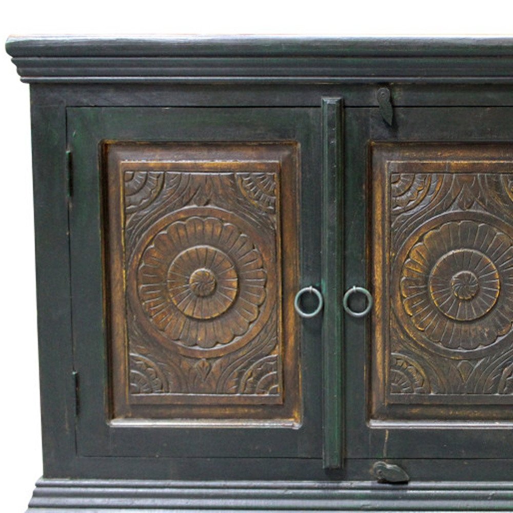 Dark Brown and Green Solid Wood Three Drawer Buffet Table with Two Doors