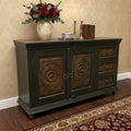 Dark Brown and Green Solid Wood Three Drawer Buffet Table with Two Doors