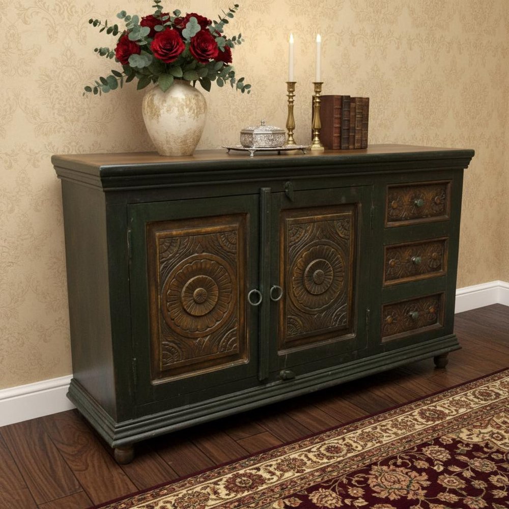 Dark Brown and Green Solid Wood Three Drawer Buffet Table with Two Doors