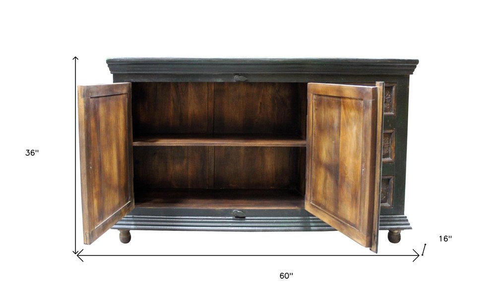 Dark Brown and Green Solid Wood Three Drawer Buffet Table with Two Doors