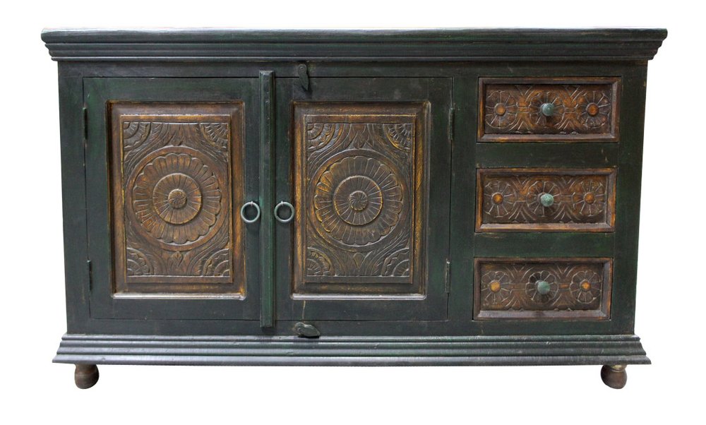 Dark Brown and Green Solid Wood Three Drawer Buffet Table with Two Doors