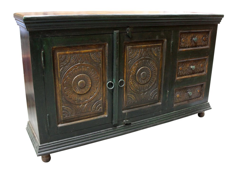 Dark Brown and Green Solid Wood Three Drawer Buffet Table with Two Doors