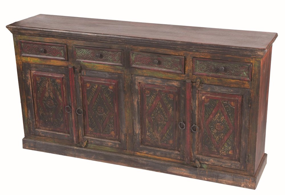 Dark Brown and Green Solid Wood Four Drawer Sideboard with Four Doors - 72-inch