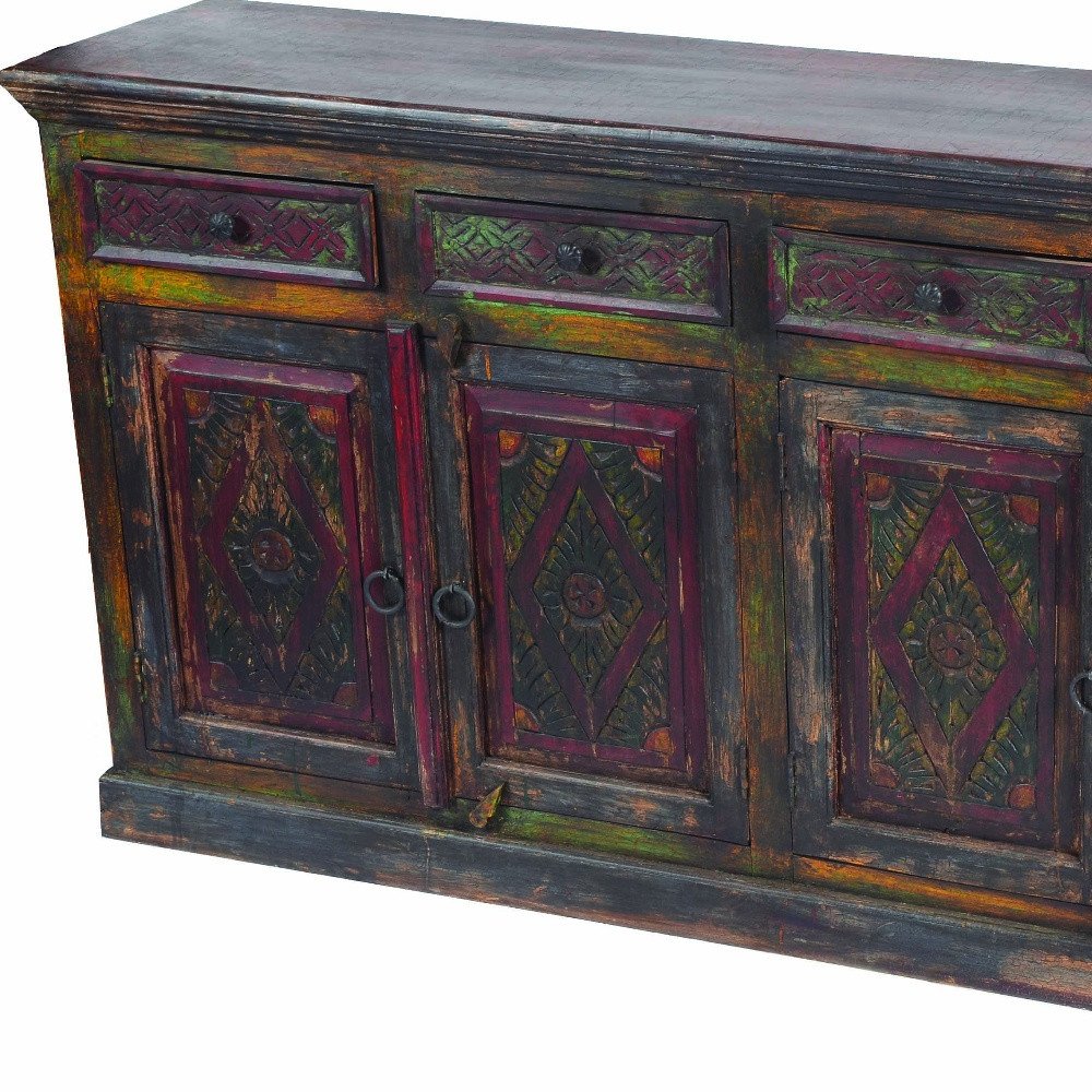 Dark Brown and Green Solid Wood Four Drawer Sideboard with Four Doors - 72-inch
