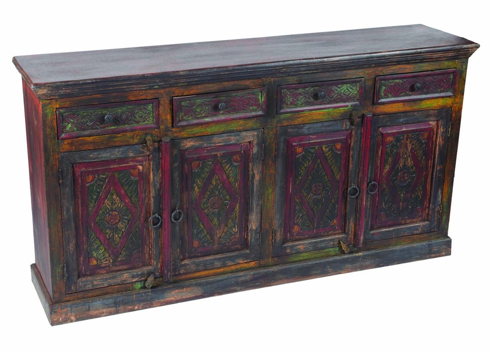 Dark Brown and Green Solid Wood Four Drawer Sideboard with Four Doors - 72-inch