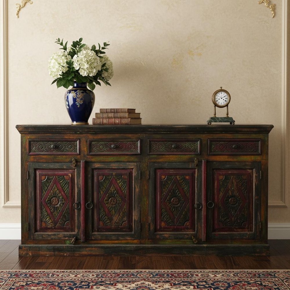 Dark Brown and Green Solid Wood Four Drawer Sideboard with Four Doors - 72-inch