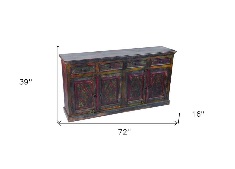 Dark Brown and Green Solid Wood Four Drawer Sideboard with Four Doors - 72-inch